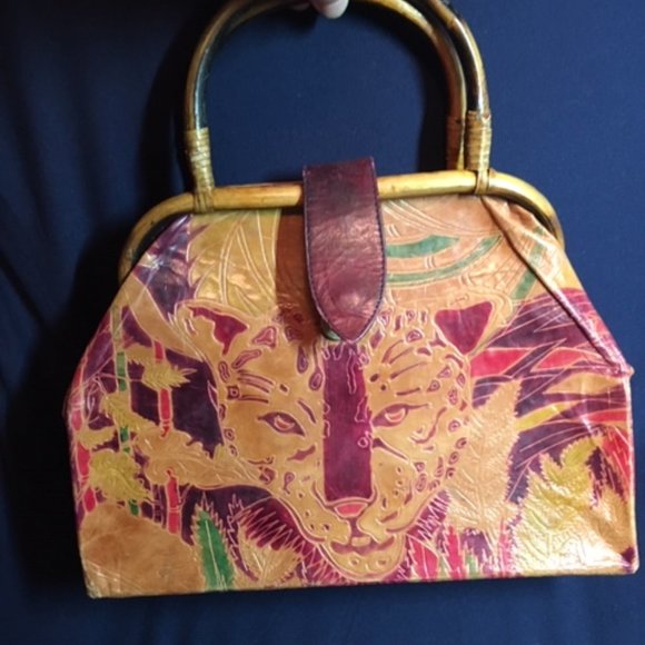 Leather w/ Leopard Safari Embossed Dyed Shantiniketan Stand Up Handbag - Picture 4 of 14